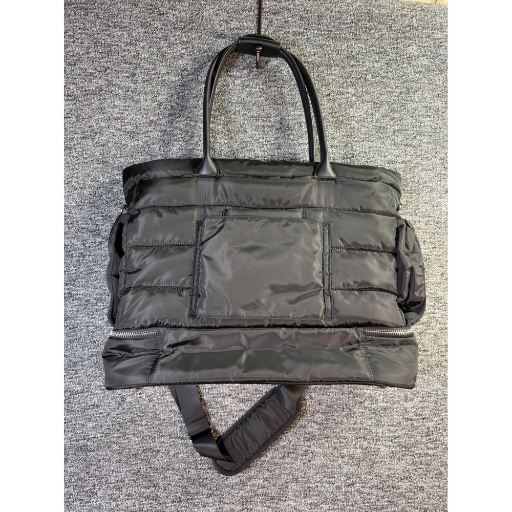 Black Quilted Puffer Tote Bag Weekender Crossbody with Trolley Sleeve Travel Bag - Picture 2 of 10